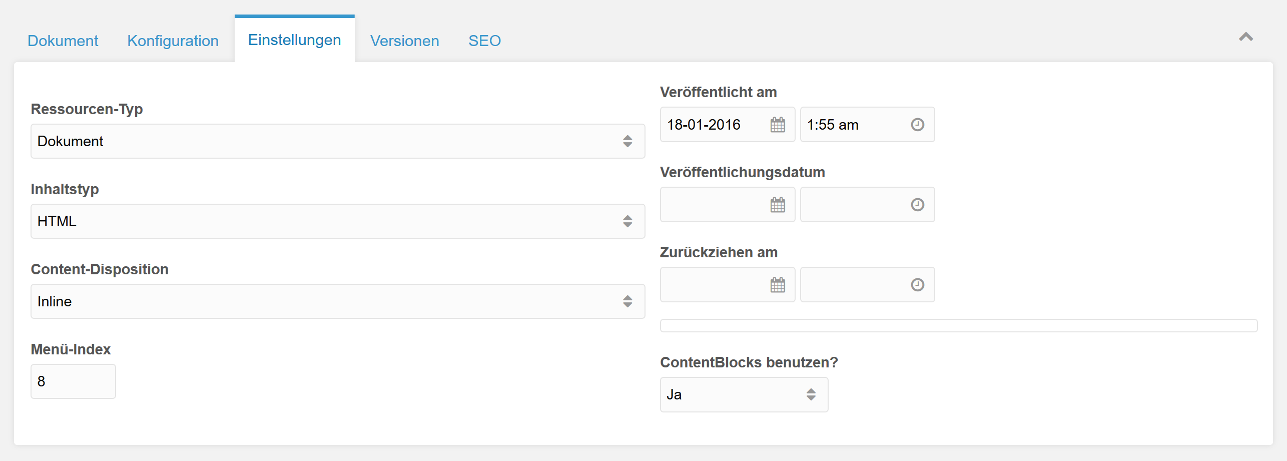 MODX Dokument Einstellungen