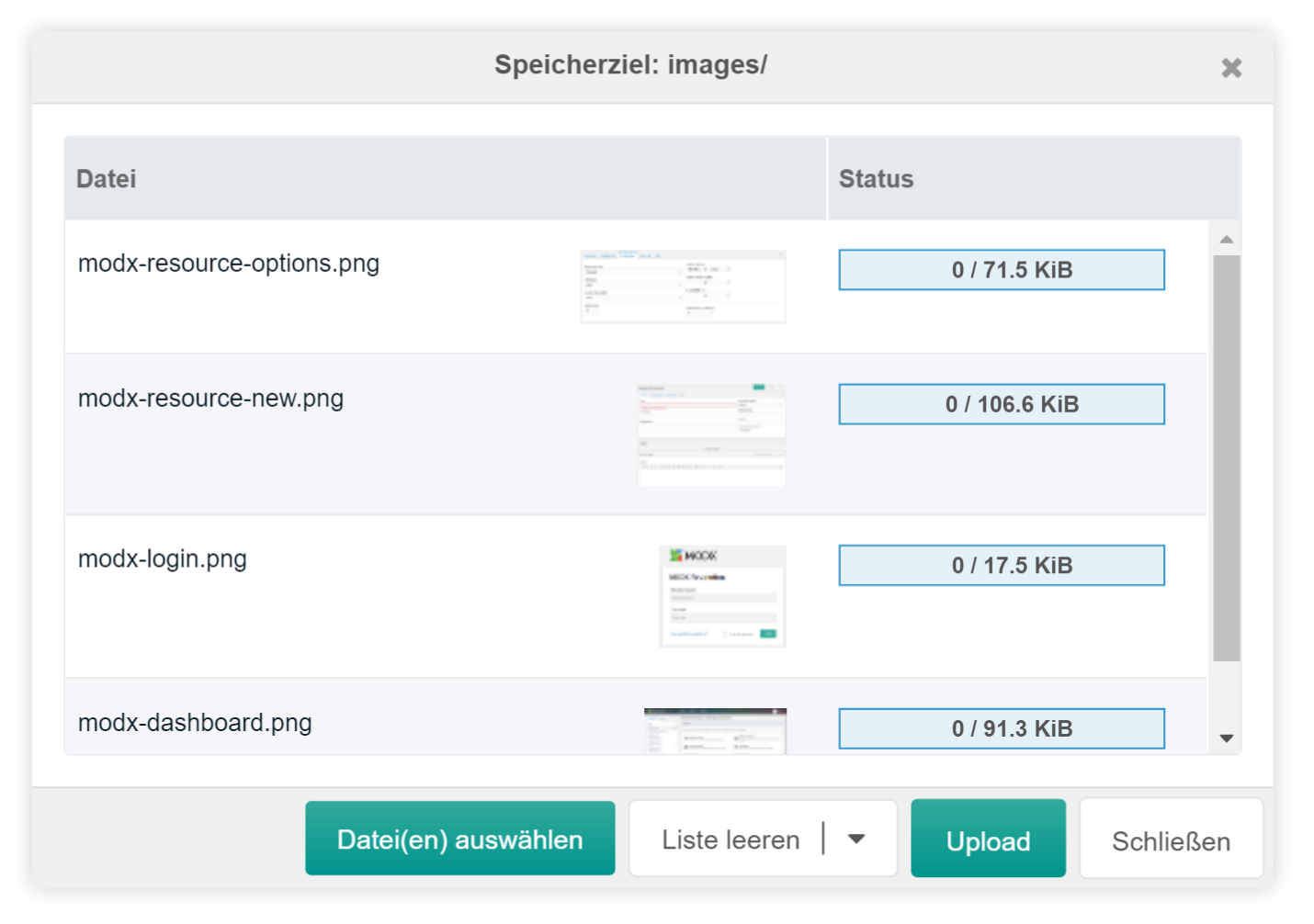 MODX Upload Dialog mit ausgewählten Dateien