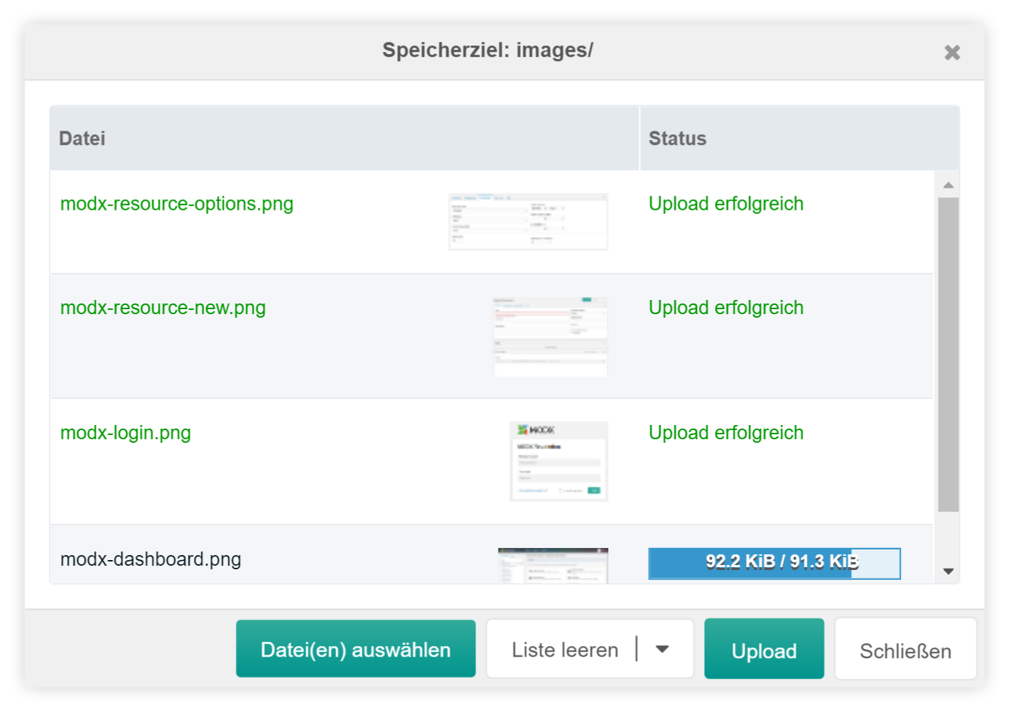 MODX Upload Dialog mit Upload-Status